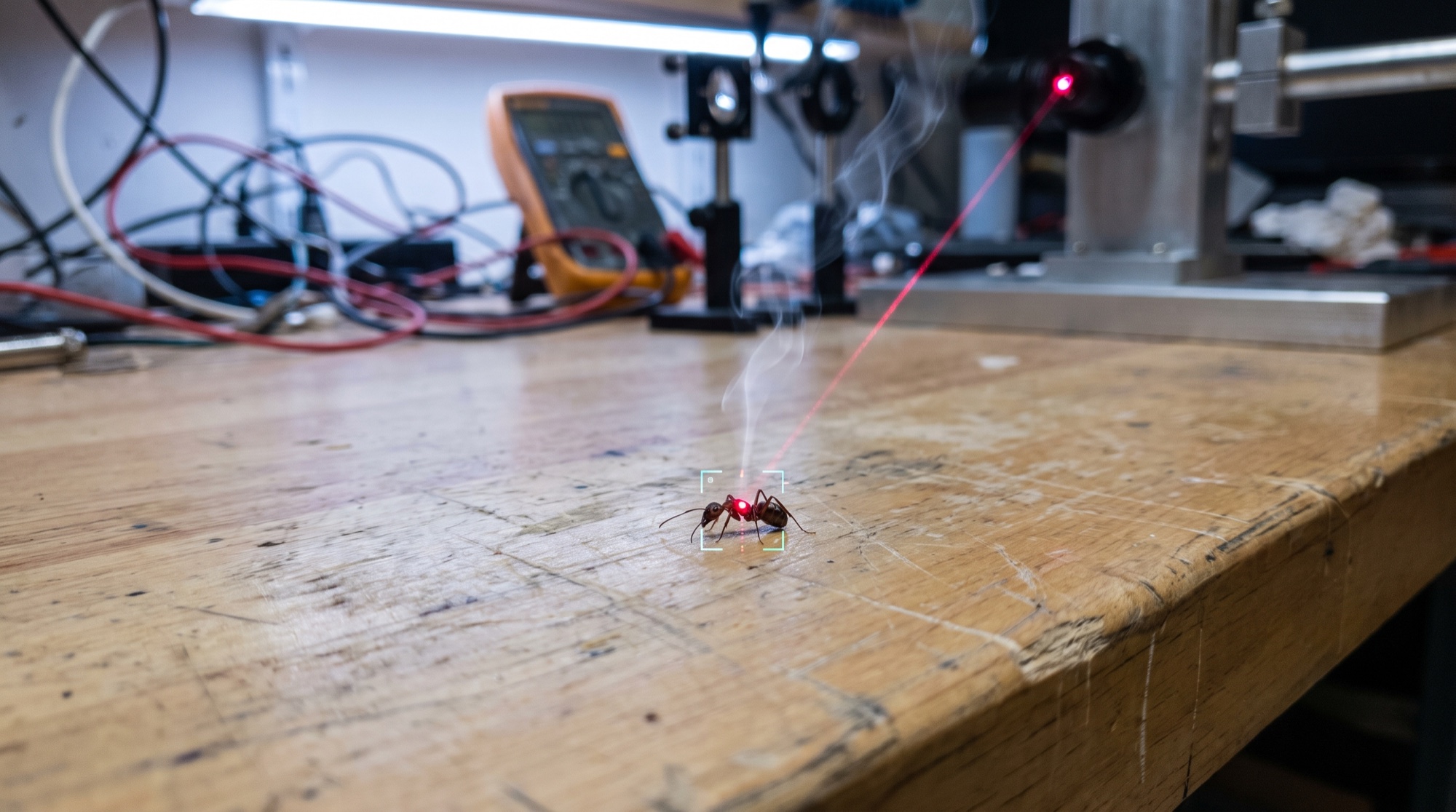A laser rig on a workbench locks a targeting reticle onto a single ant.